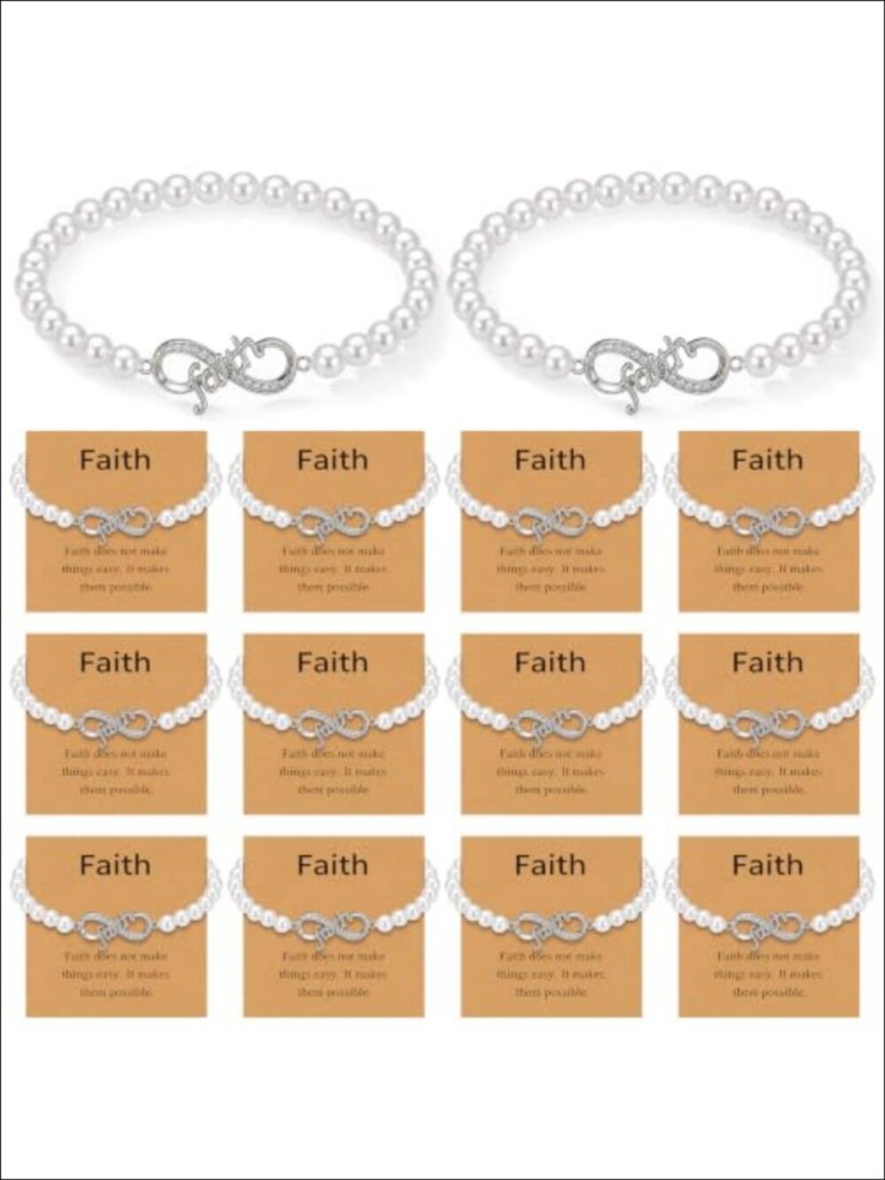 Faux Pearl Link Bracelets with Faith Card Stretch Elastic 12 Set